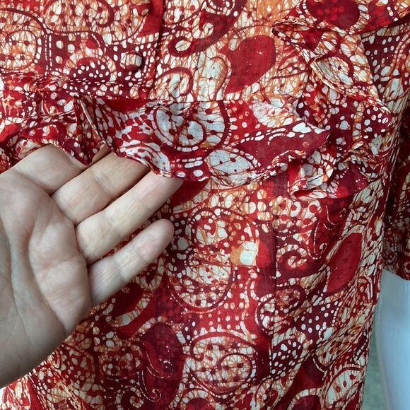 100% Cotton Red Batik Modest High Neck Floor Length Ruffled Maxi Dress Malaysian - Picture 5 of 11